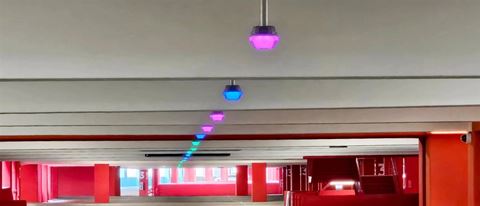 Colour coded lighting displays parking availability status within the garages. Image courtesy of TKH Security Colour coded lighting displays parking availability status within the garages.
